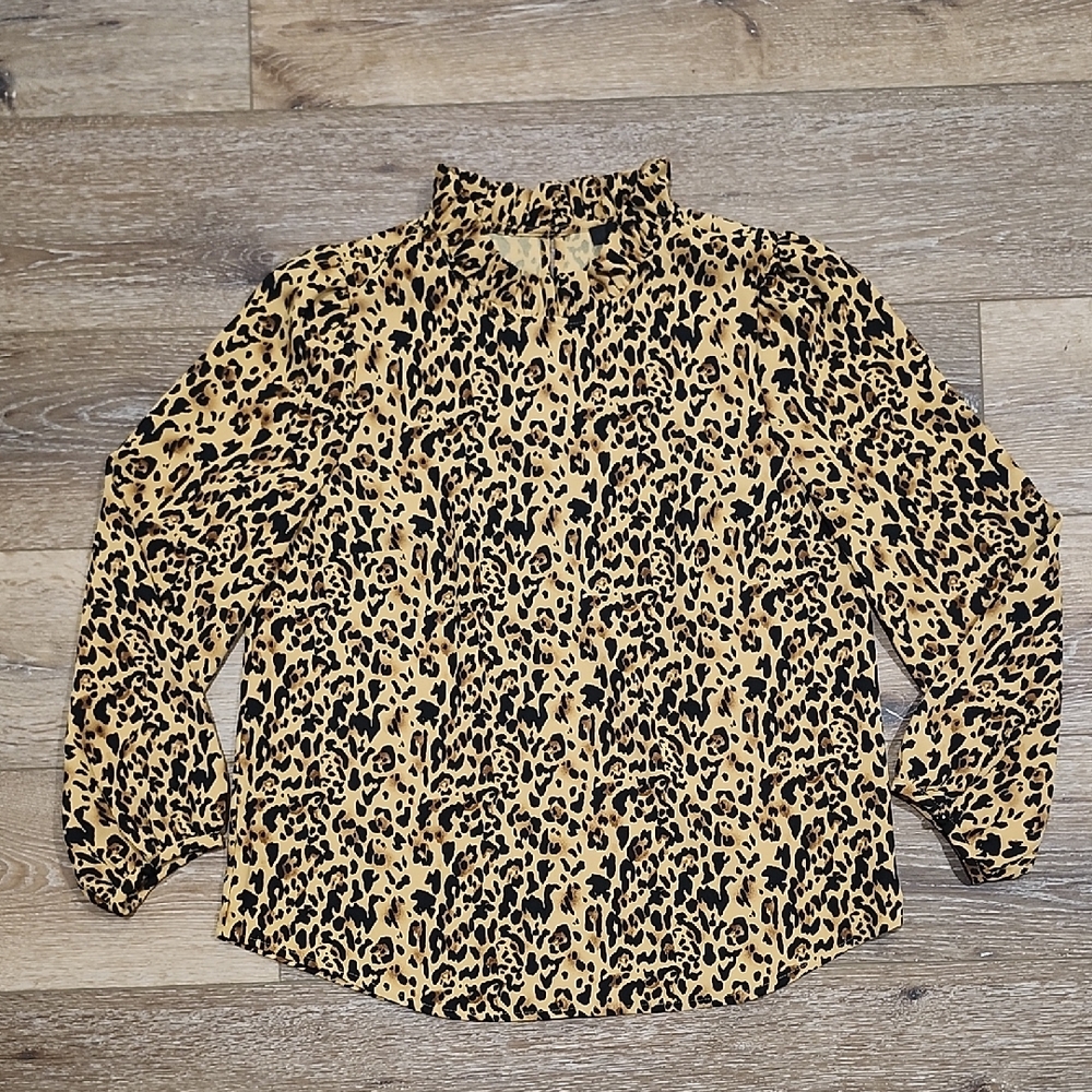 J. Crew Leopard Print Blouse Black Tan and Brown Ruffle Collar Balloon Sleeve